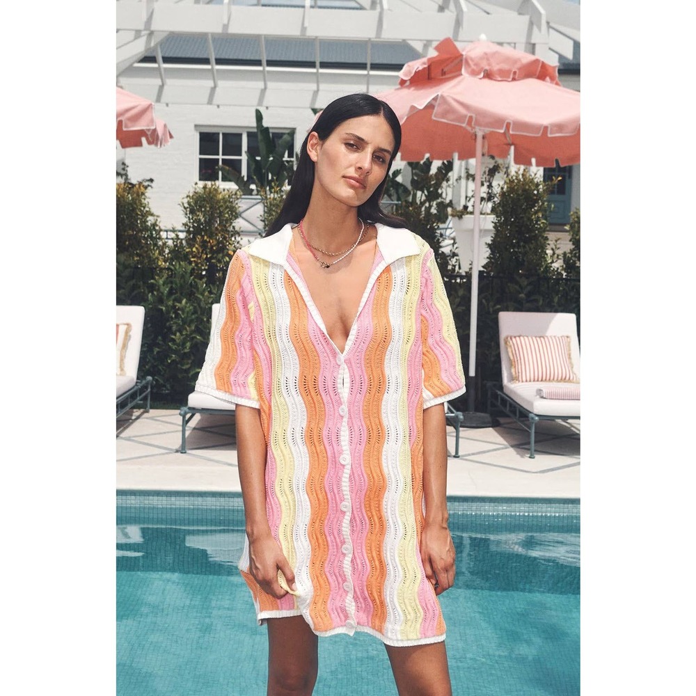 YLLW the Label  Knit Collared Dress in Pink, Orange & White